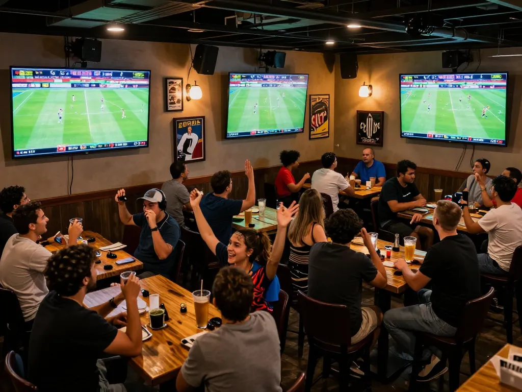 Fans celebrating at a sports bar while betting on worldcup2026 matches, drinks and screens in view.