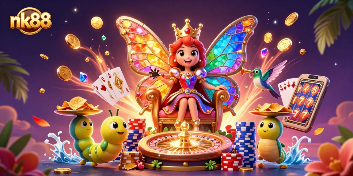 Play exciting games at nk88 with a vibrant casino scene featuring casino elements and playful characters.