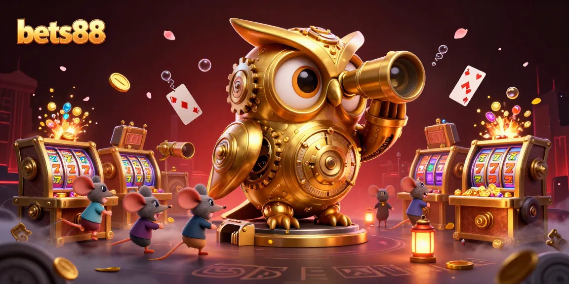 Experience the thrilling action of bets88 with vibrant slot machines and a whimsical golden owl in this animated casino scene.