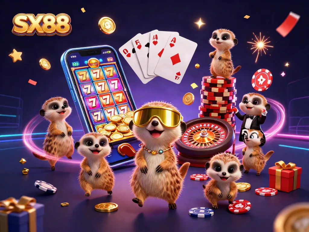 SX88 meerkats managing a vibrant casino, celebrating wins in a colorful slot environment.