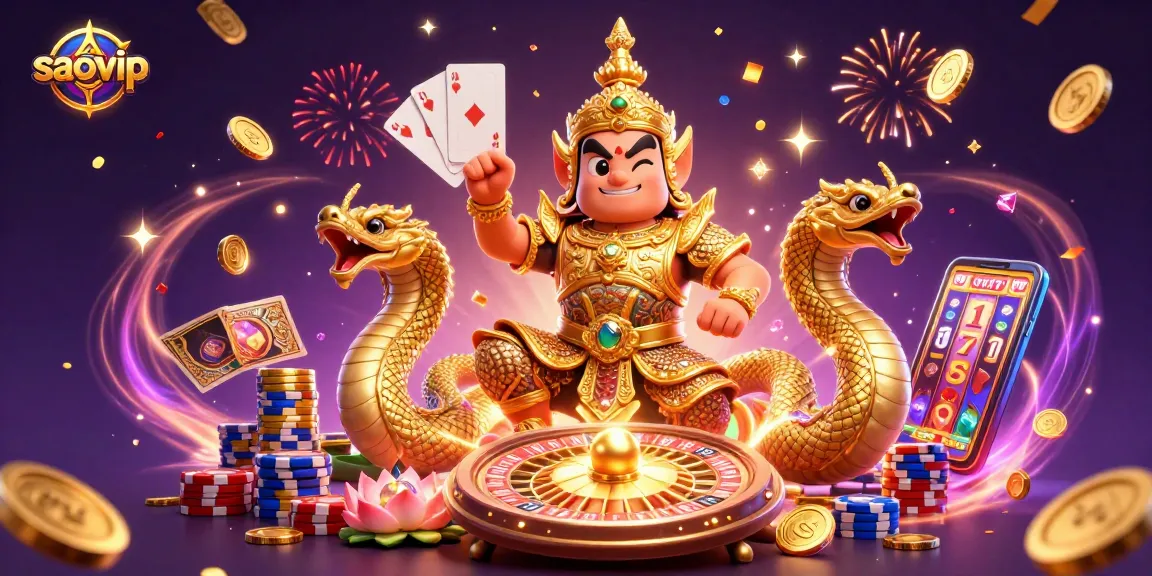 Immerse in the excitement of saovip as golden coins cascade and vibrant casino elements create a lively atmosphere.