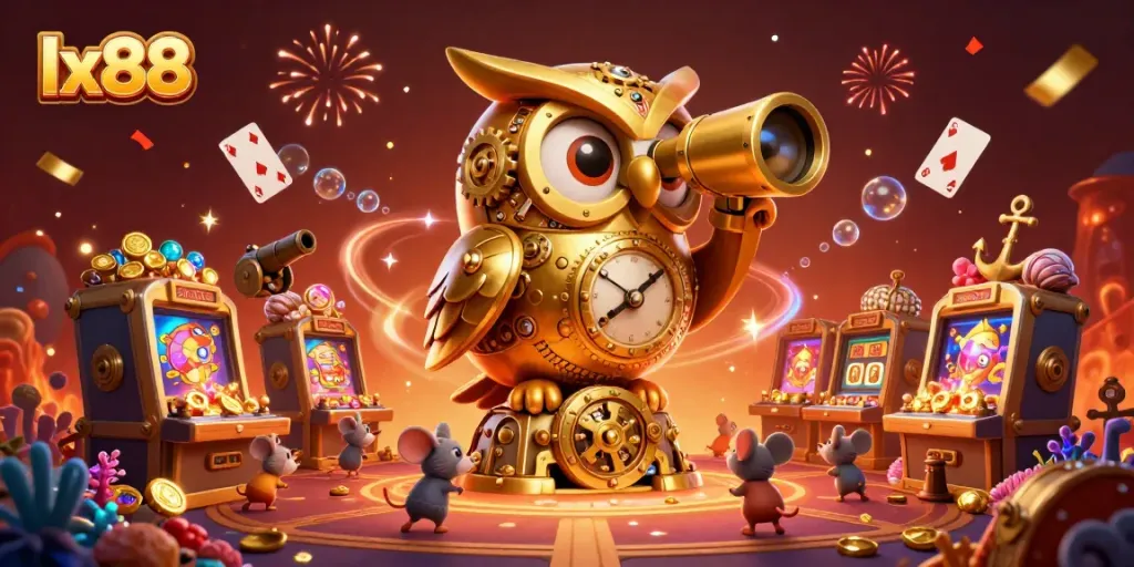 Engage with lx88's vibrant casino environment filled with a golden owl, wind-up mouse patrons, and slot machines.