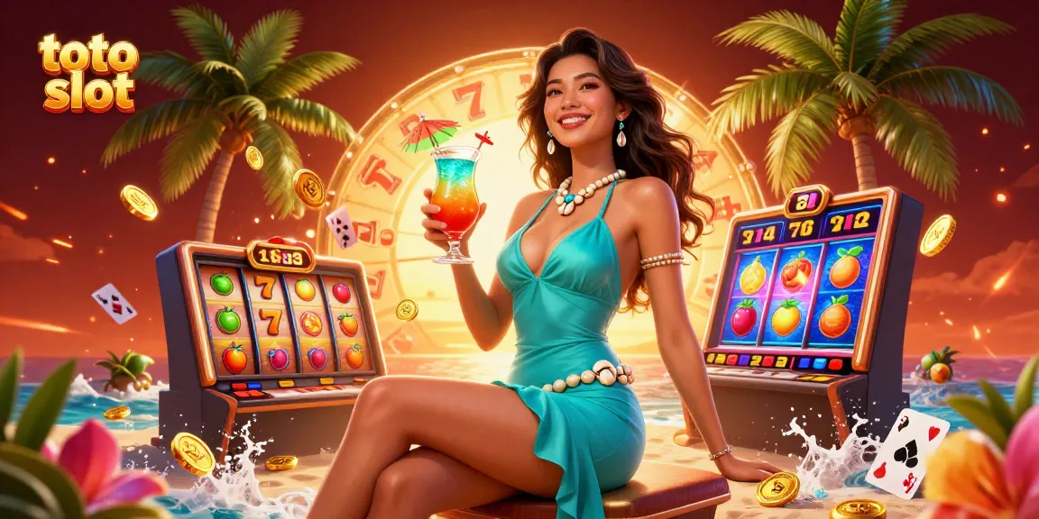 Spin the toto slot reels with vibrant fruit symbols and cascading coins in a tropical casino scene.