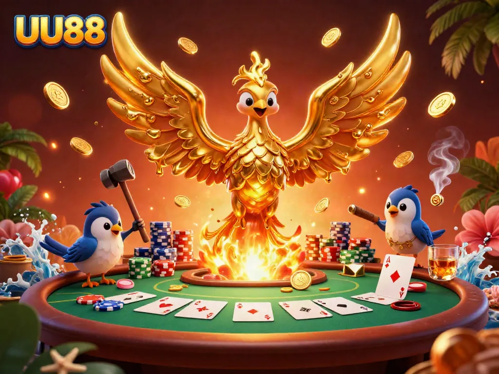 Engage in thrilling gameplay at UU88 with a majestic phoenix symbolizing luck and fortune amidst poker action.
