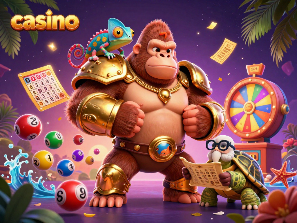 Engaging casino scene with a gorilla king, chameleon, and tortoise amidst dynamic lottery elements.