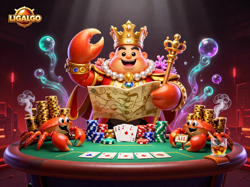 LIGALGO reveals the golden crab emperor at a vibrant poker table with vivid casino elements