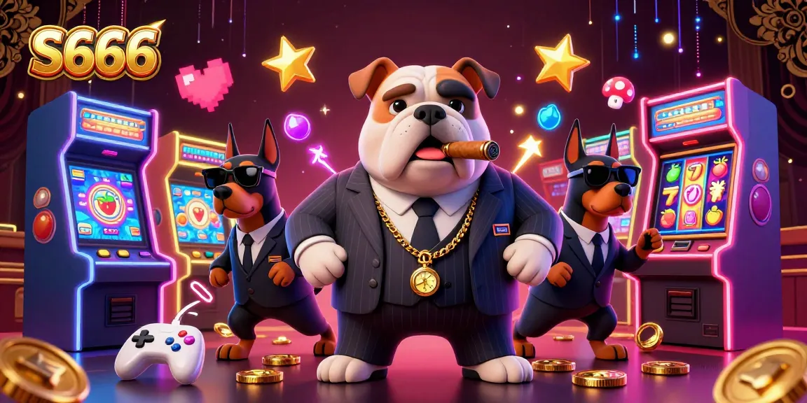 S666 gaming scene with a mafia bulldog and Doberman bodyguards enjoying colorful slot games.