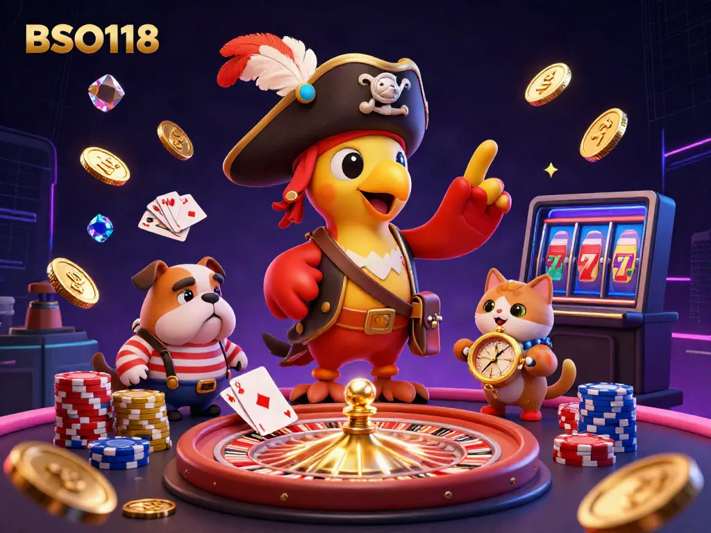 Experience the thrill of BSO118 with a vibrant pirate-themed casino illustration featuring dynamic gaming elements.
