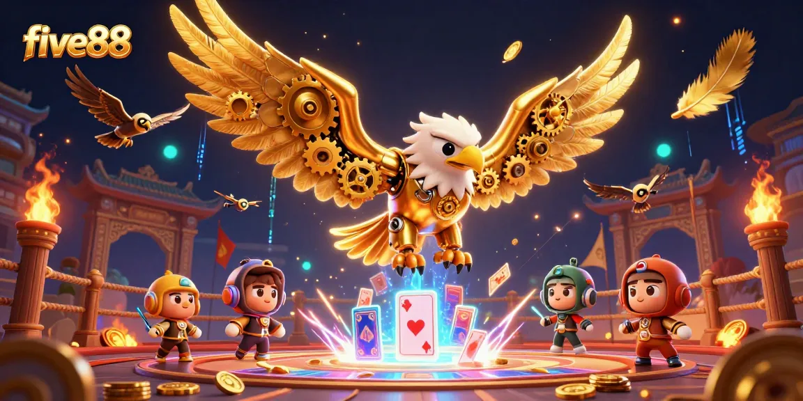 Experience the excitement of five88 as the golden eagle dives through a flurry of holographic playing cards.