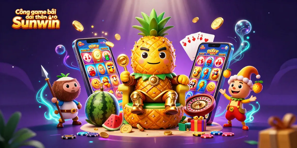 Gamble and win at Cổng game bài đổi thưởng Sunwin with golden pineapple king and vibrant casino elements.