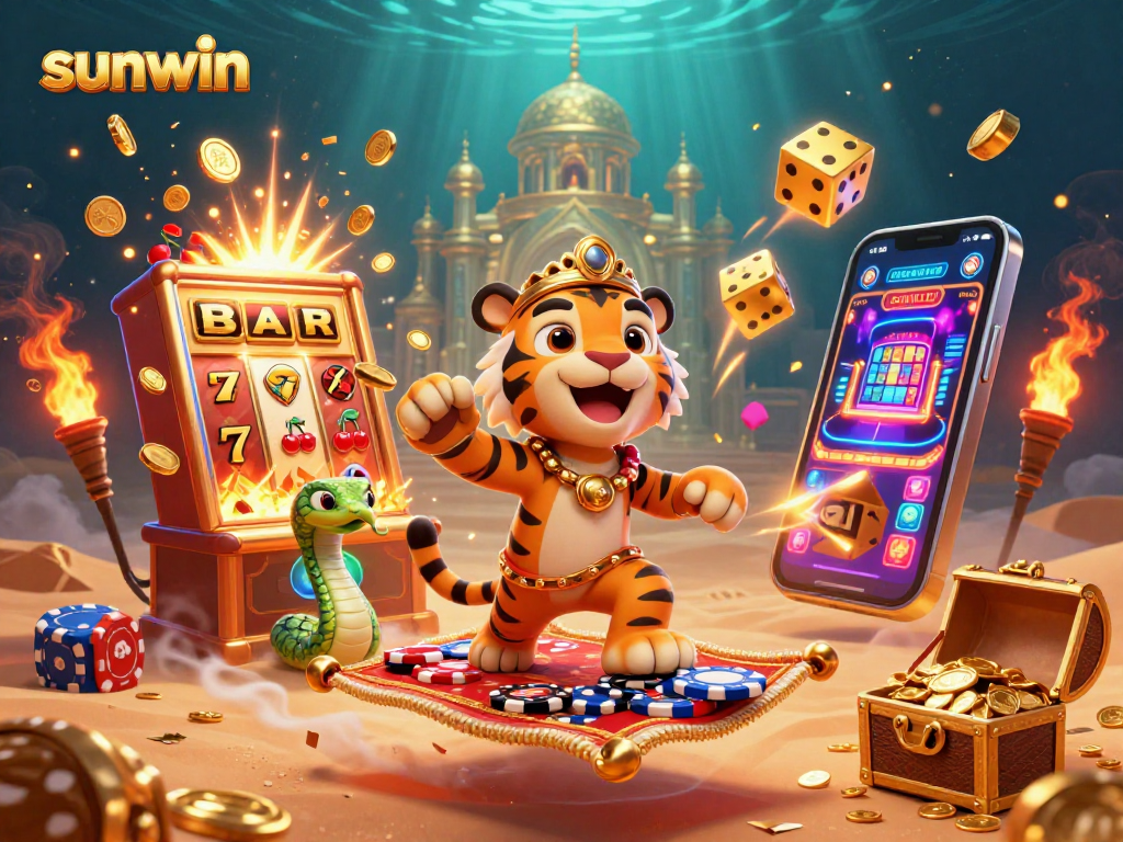 Experience the excitement of sunwin with a vibrant 3D casino scene full of jackpots and thrilling elements.