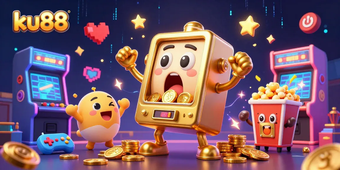 ku88 slot machine hits jackpot while cheering baby slots and a popcorn machine celebrate