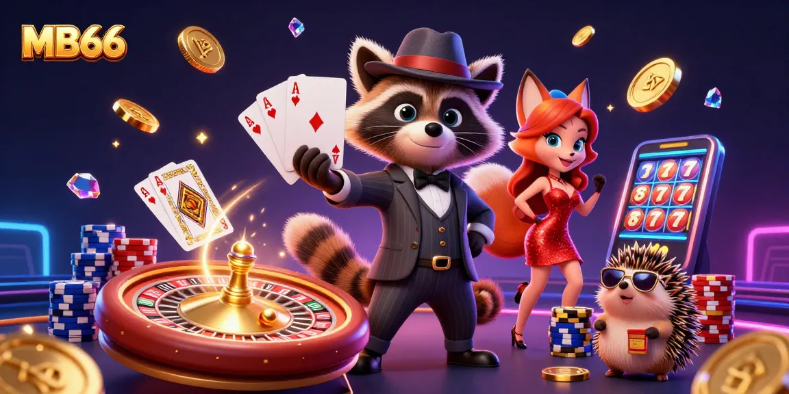 Experience exciting games at MB66 with vibrant characters and action-packed casino elements in this 3D illustration.