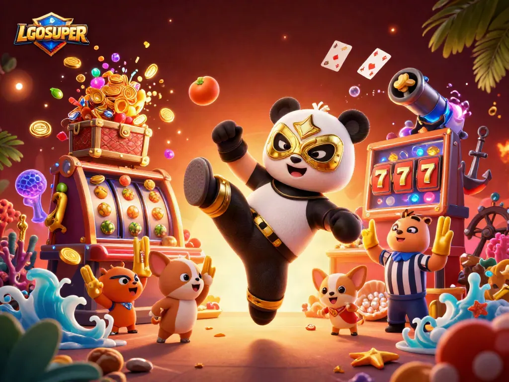 Engage with LGOSUPER slot games featuring a dynamic wrestler panda and referee characters.