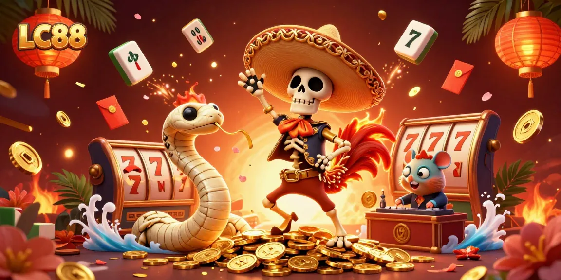 Play and win with LC88's dynamic casino scene featuring lively characters and game elements.