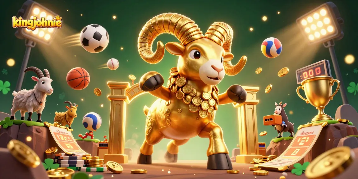 Win big with kingjohnnie as golden ram charges through dynamic sports betting scene featuring trophies, sports balls, and coins.