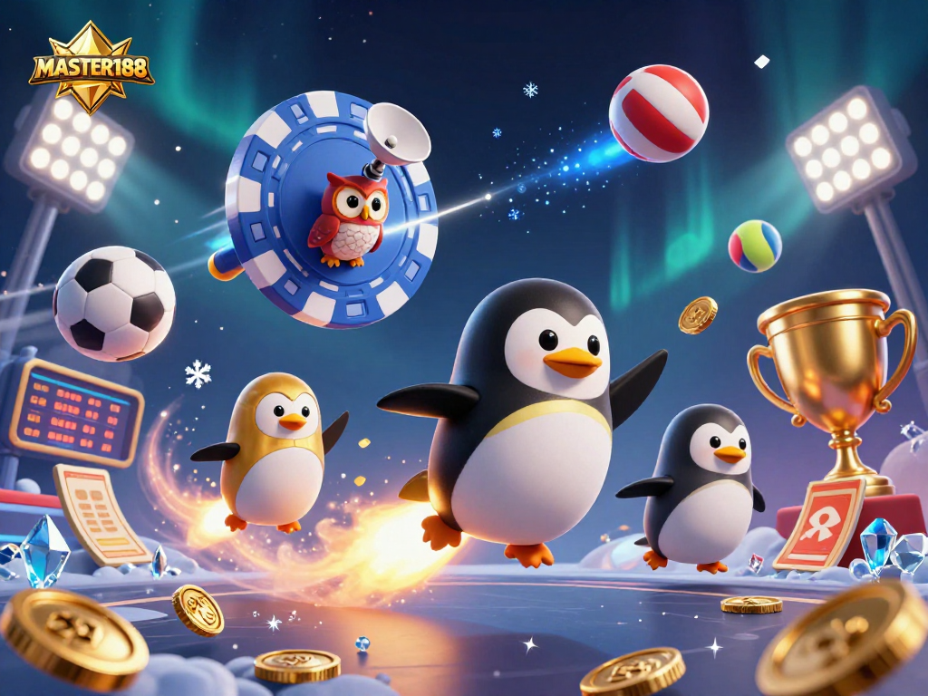 Experience thrilling games at MASTER188 with a vibrant 3D illustration of a winning penguin, sports elements, and dazzling effects.