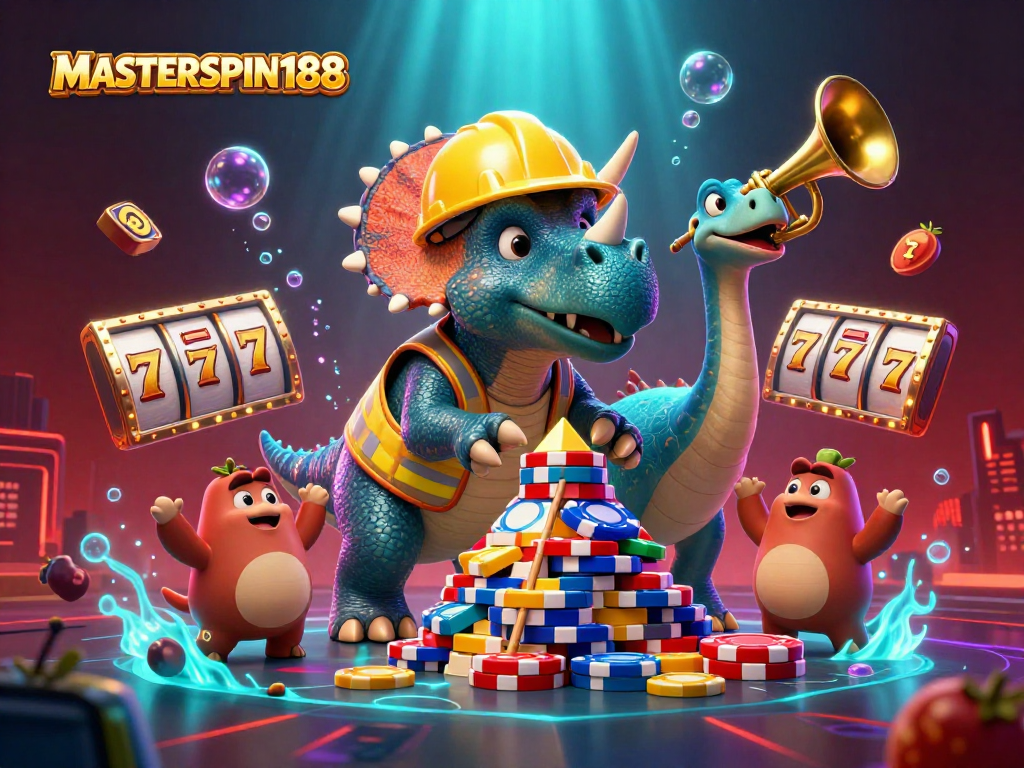Engage in thrilling casino fun at MASTERSPIN188 with cartoon dinosaurs celebrating and building poker chip towers.