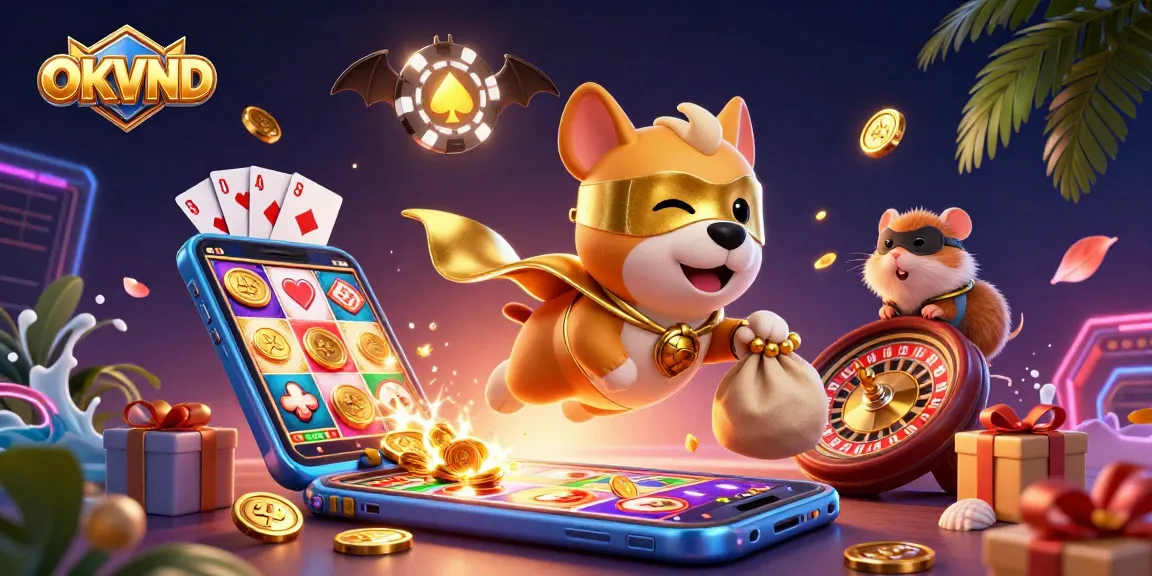 Engage with OKVND's thrilling casino experience featuring a superhero dog amidst colorful slot elements.