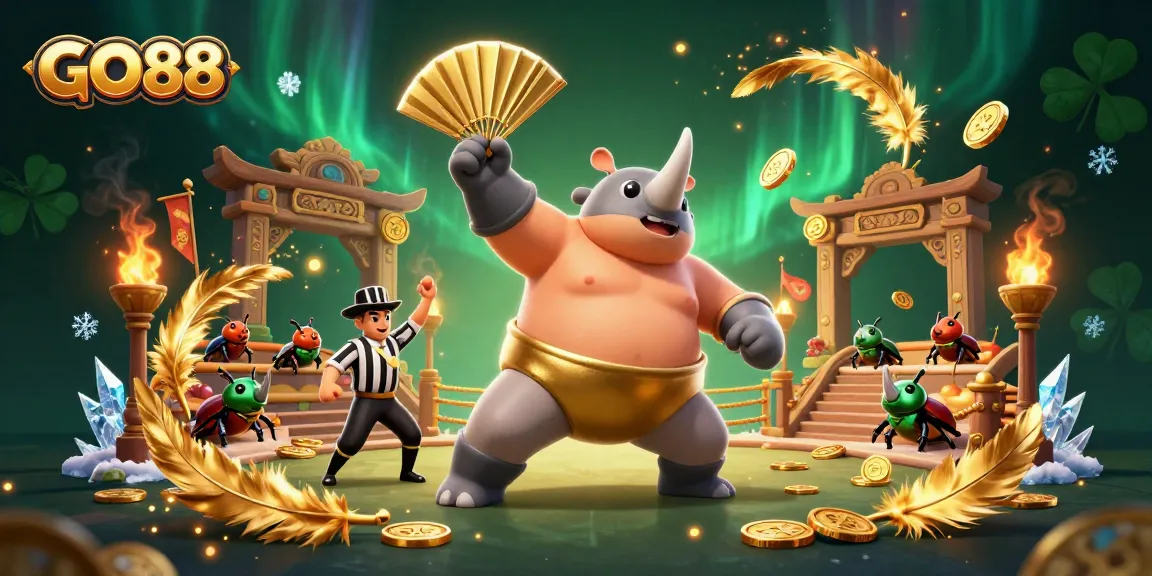 GO88 showcases golden coins flying as the sumo champion beetle battles under vibrant lights in a packed arena.
