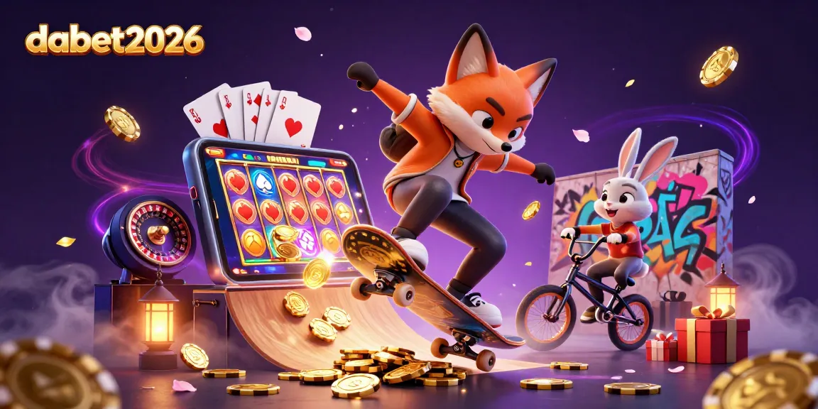 Skateboarder fox and BMX rabbit showcase fun gambling elements in dabet2026 theme.