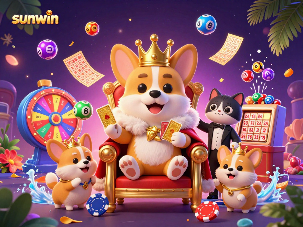 sunwin showcases vibrant lottery excitement with royal corgi surrounded by golden tickets and colorful balls