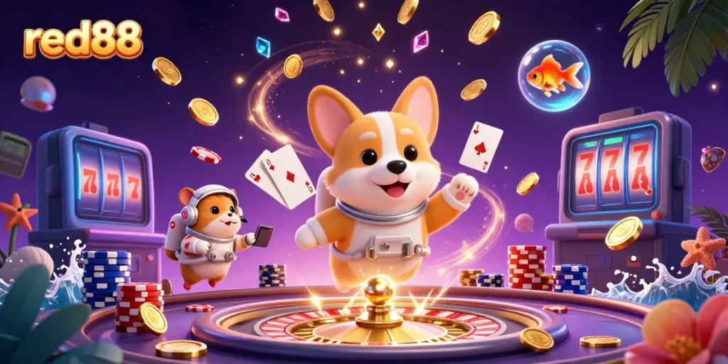 Experience the excitement of red88 with an astronaut corgi in a space casino, winning with coins and poker chips.