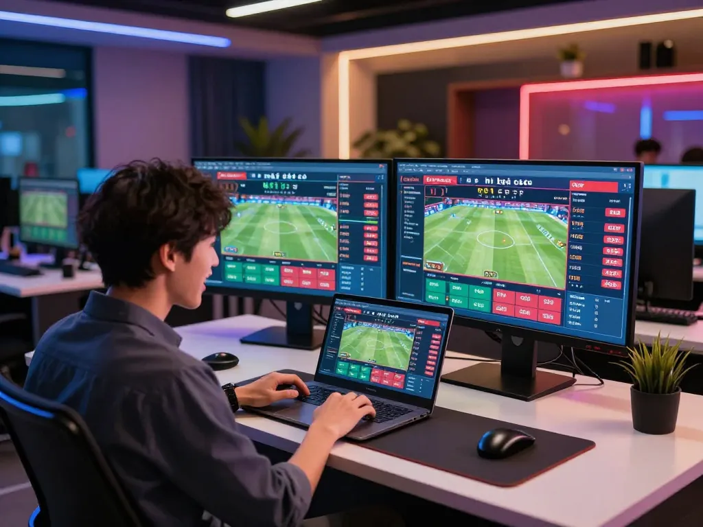 Kèo nhà cái in action as a person places bets on a sleek laptop during a live sports event.