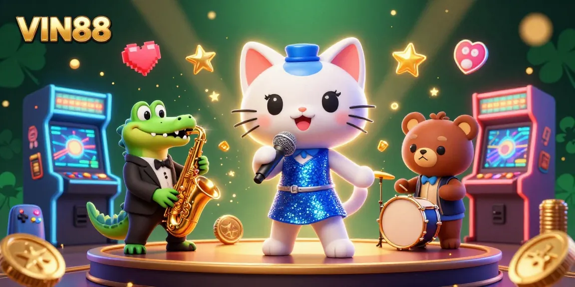 Experience the vibrant entertainment of VIN88 with a whimsical jazz cat, a cool croc, and a drum bear, immersed in colorful gaming.