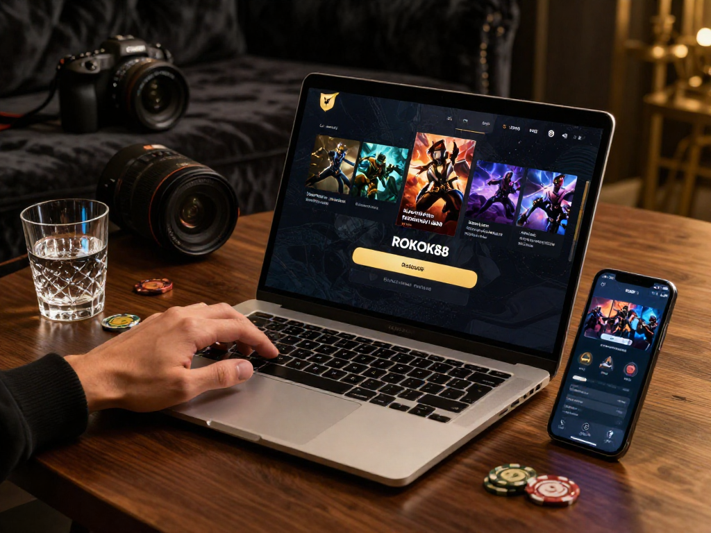 ROKOK88 login on a sleek laptop showcasing luxury design elements, emphasizing elegance and authority in gaming.