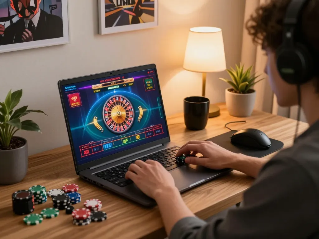 Person engaging with jun 88 online casino game on laptop, showing roulette action and vibrant gaming setup.
