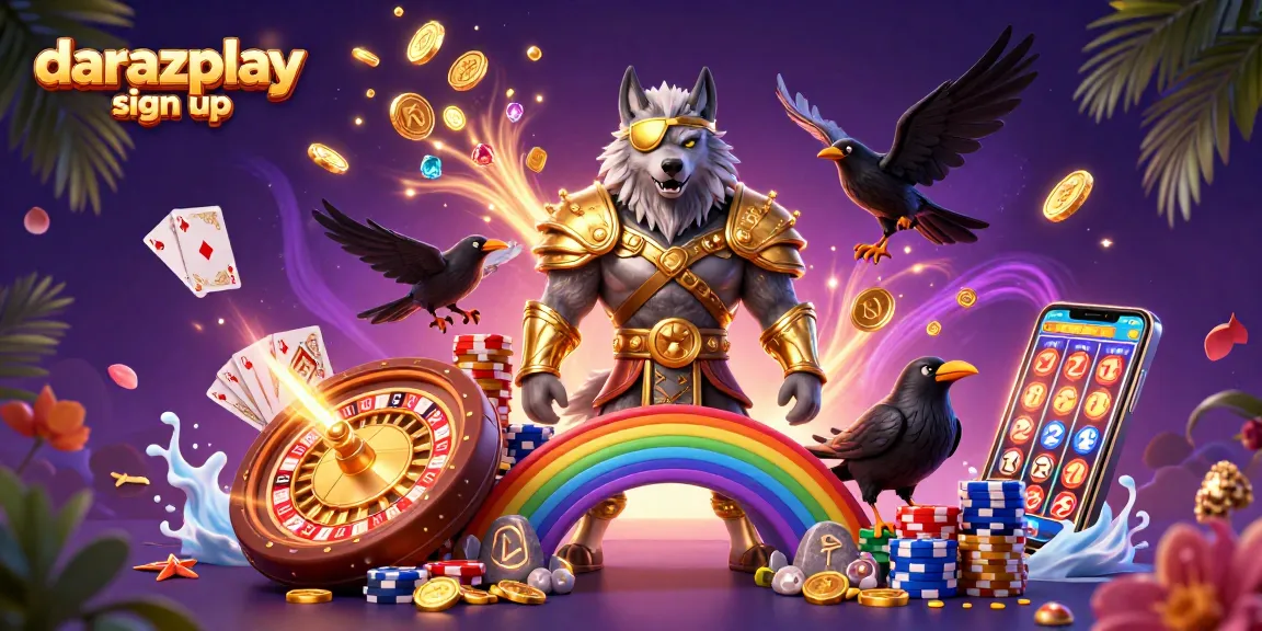 Engage with thrills in Darazplay sign up, featuring a vibrant, dynamic 3D casino illustration.