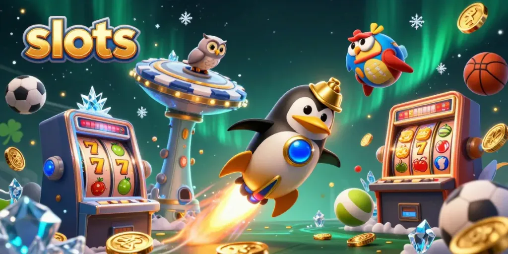 Experience thrilling slots action with our golden penguin soaring towards a vibrant casino space station.
