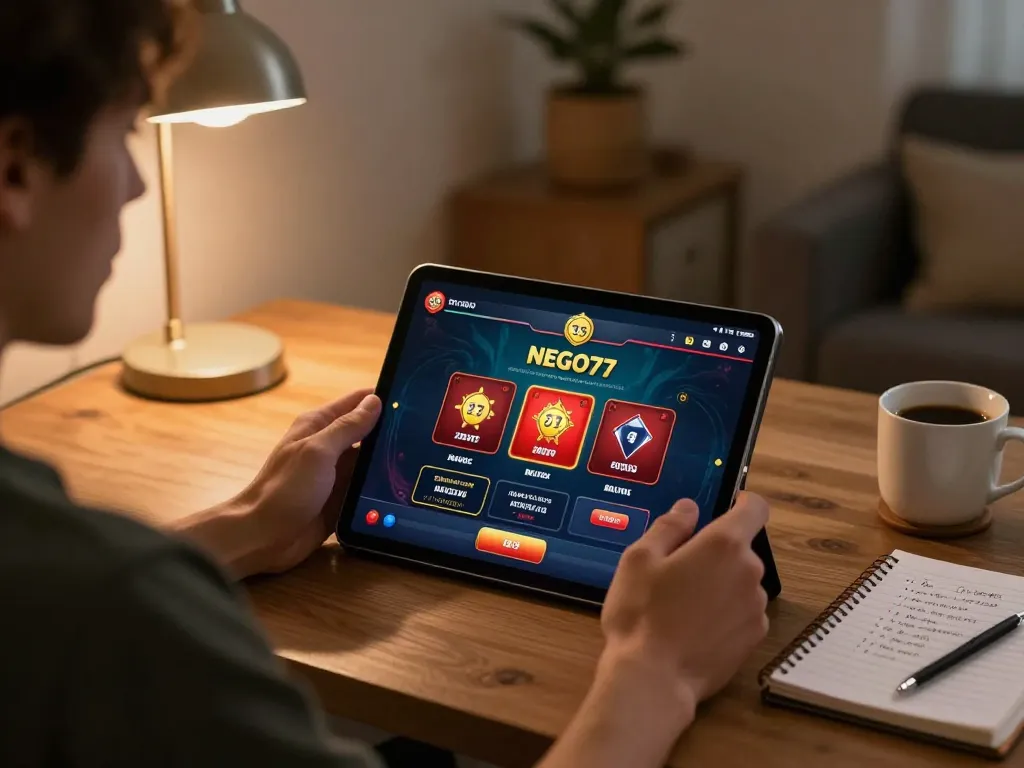 Engaging in online casino gaming with NEGO77 daftar on a tablet in a cozy setting.