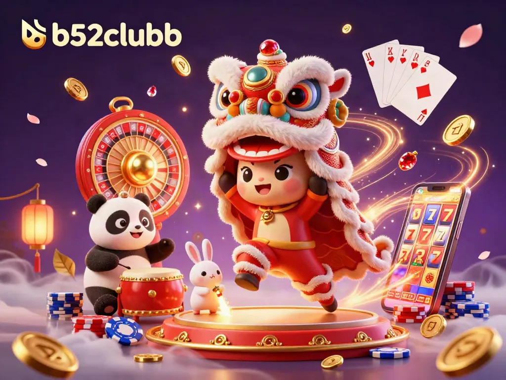 Experience thrilling gameplay at b52clubb with a vibrant 3D casino scene featuring dynamic characters and game elements.
