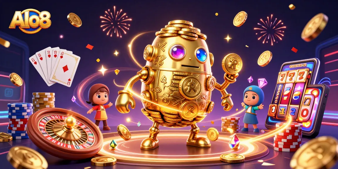 Experience excitement at Alo8 with a golden golem symbolizing wealth and fortune in this vibrant casino scene.