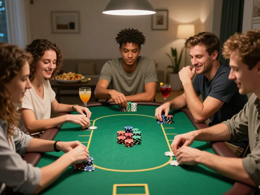 Players at a home poker night strategizing and placing bets with chips stacked in front, enjoying camaraderie with tjcjventures.