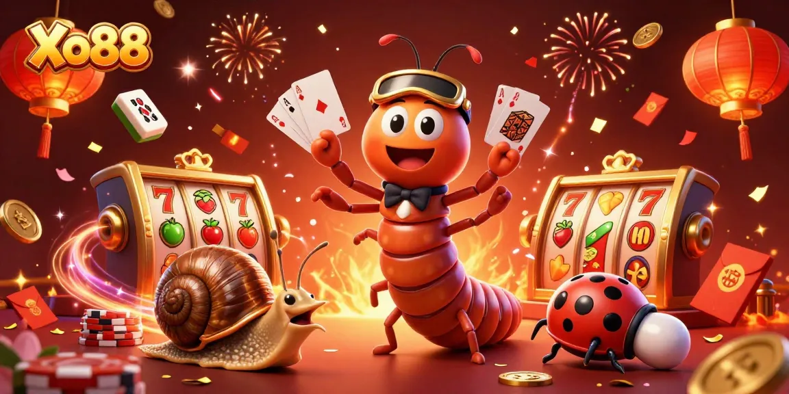 Xo88 offers a lively scene with a millipede dealer and a snail high-roller amidst jackpot symbols.
