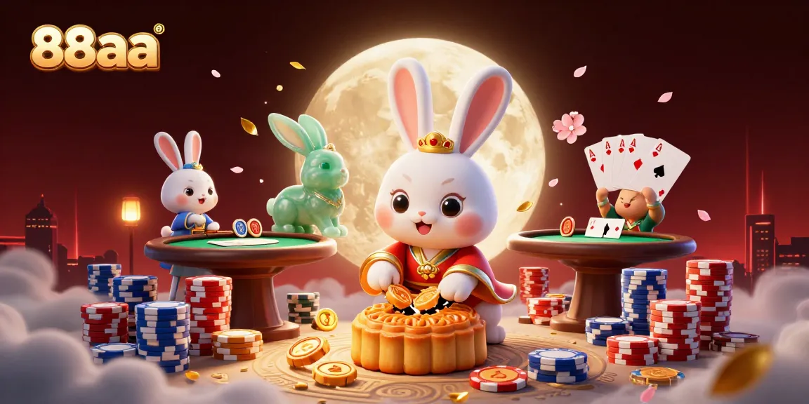 88aa moon rabbit reveals poker chips in a vibrant 3D casino scene filled with excitement.