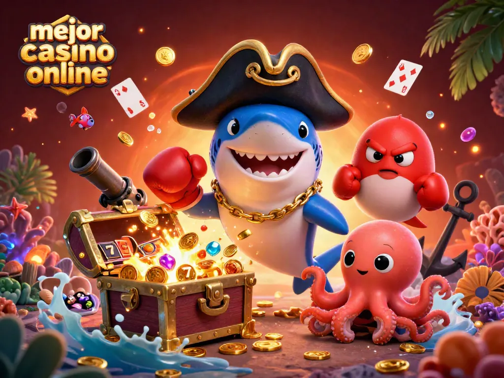 Jugando en el mejor casino online, un tiburón pirata sonríe sosteniendo monedas doradas.