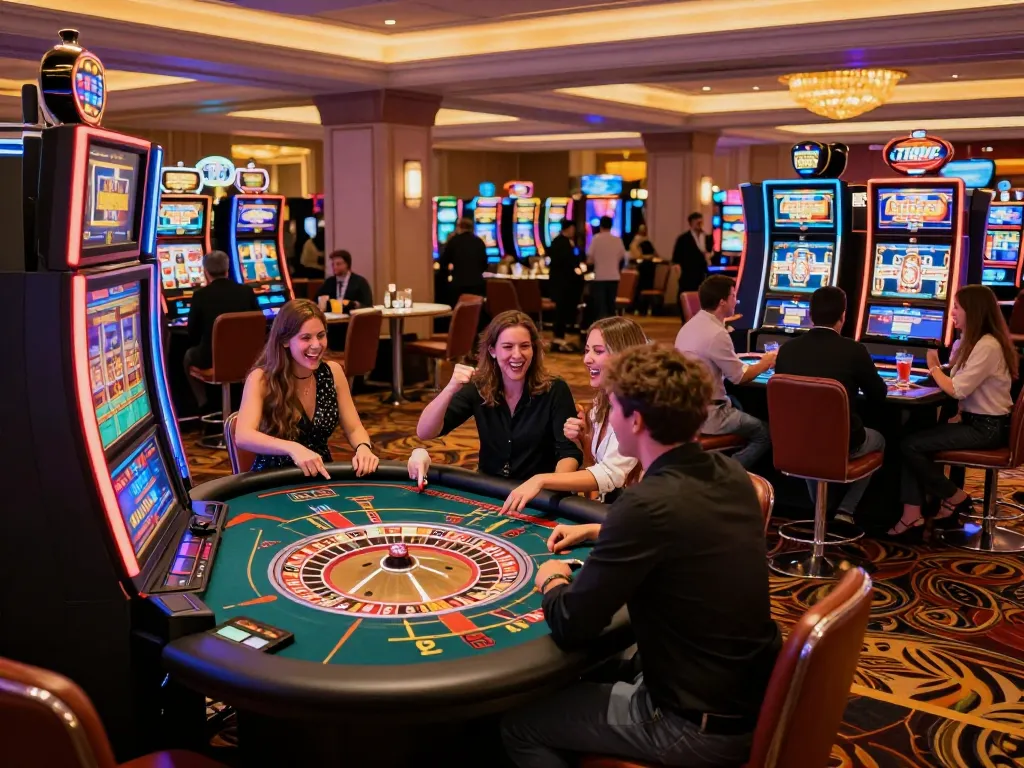 Players enjoying vibrant gaming action at fishersupermarket casino with roulette and slot machines