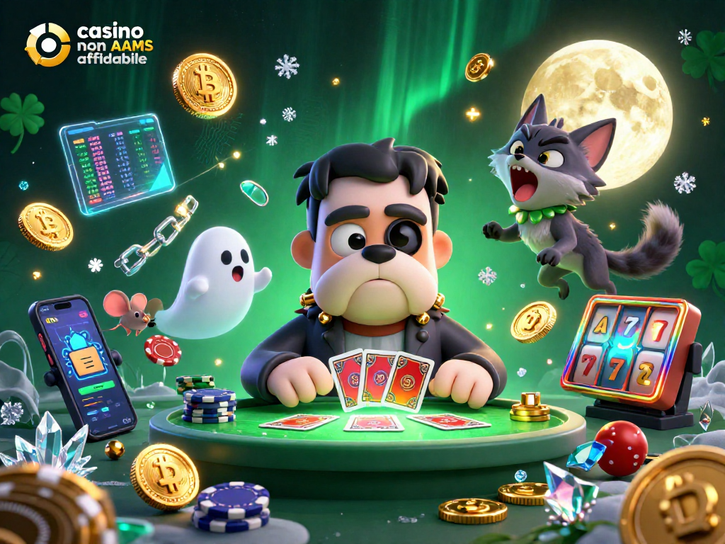 Giocatori al tavolo di un casino non AAMS affidabile mentre il bulldog Frankenstein distribuisce carte e simboli di crypto fluttuano