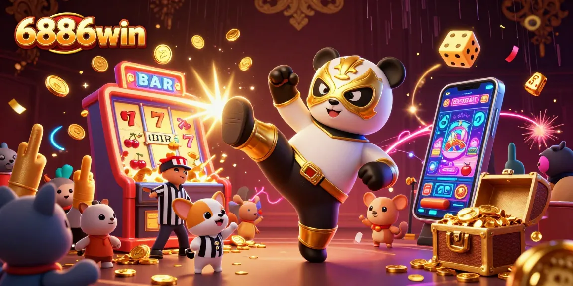 Experience the excitement of 6886win with a lively 3D illustration capturing a thrilling casino atmosphere.