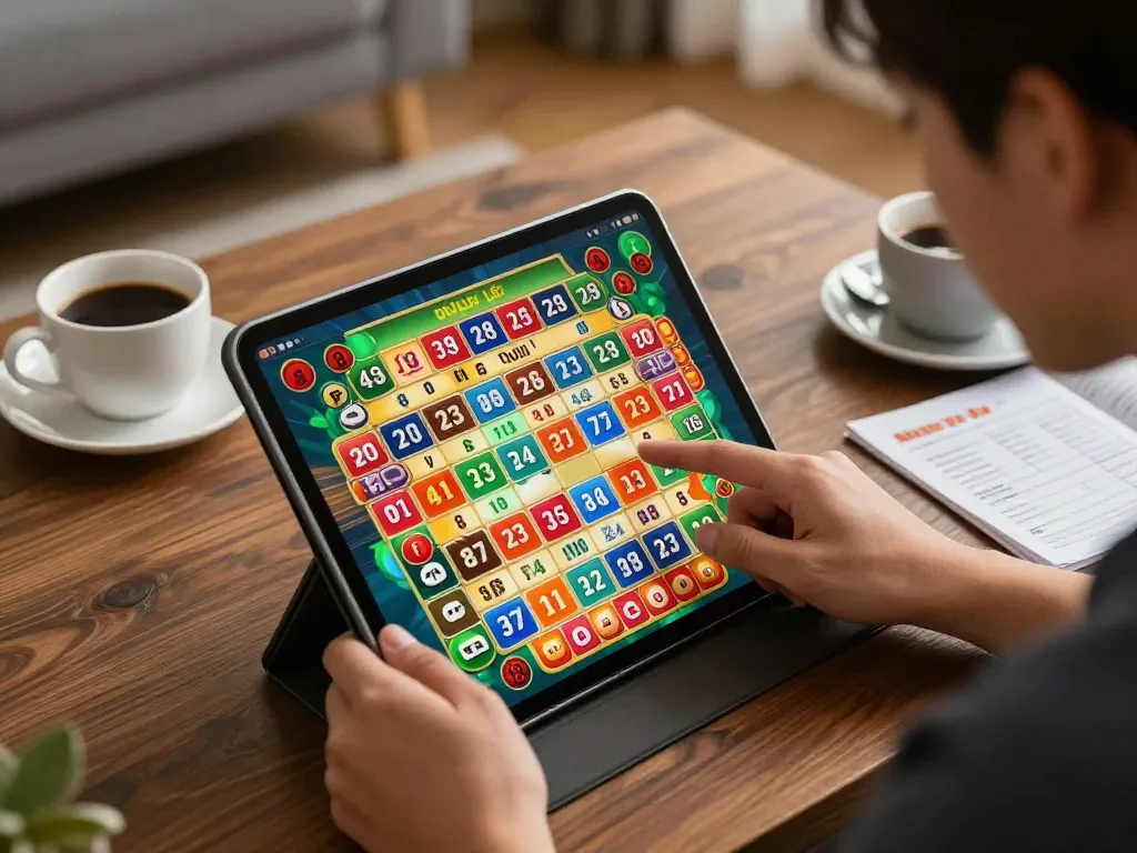 Engaging in đánh lô đề online with vibrant numbers selected on stylish tablet in warm home setting.