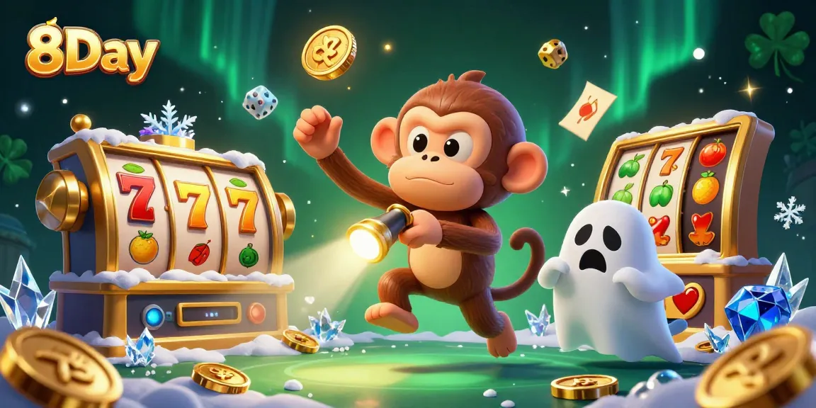 Experience the excitement of 8Day with a playful poltergeist monkey juggling golden casino items amidst a vibrant online casino.