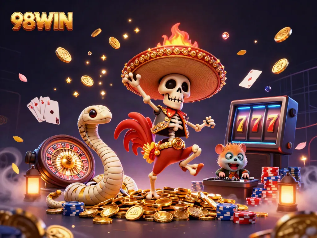 Experience the thrill of 98WIN with vibrant casino elements and colorful characters in a dynamic scene.