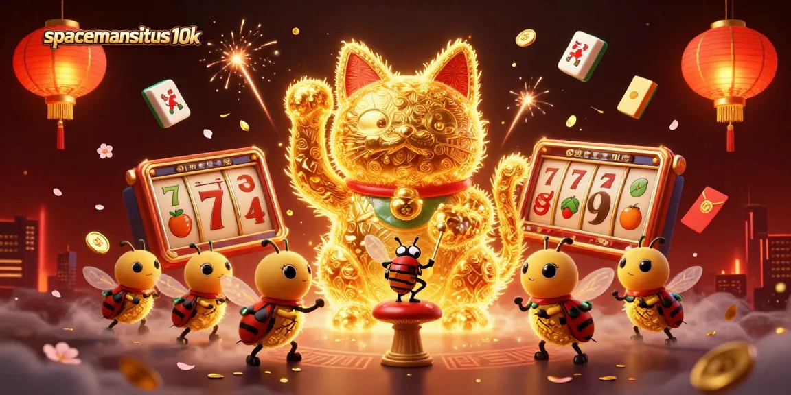 Spin and win at spacemansitus10k with a vibrant lucky cat and dynamic casino symbols