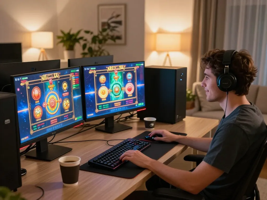 Engaged player experiencing online slots with brandingbybrandi in a modern home gaming setup.