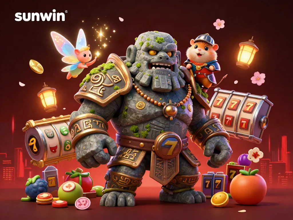 Experience the excitement of sunwin with a magical scene of a casino adventure featuring a golem, fairy, and hamster knight.