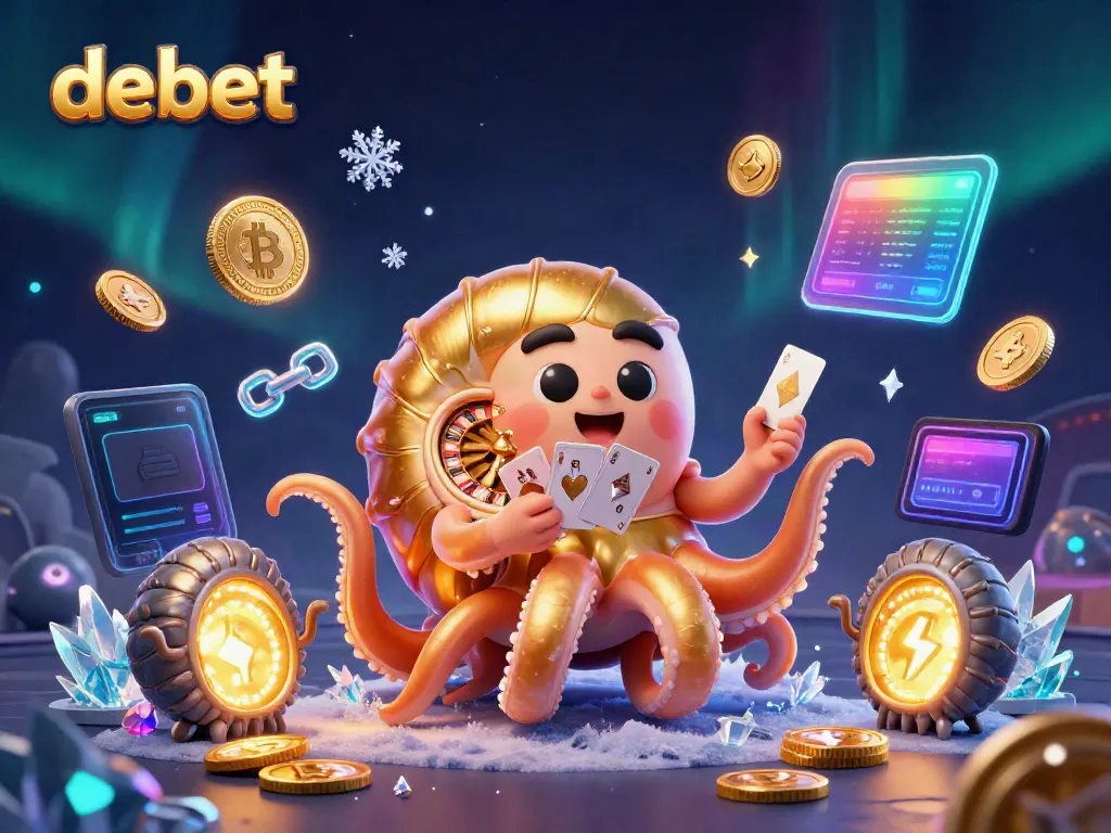 Experience the thrilling gameplay at Debet, featuring a giant nautilus with a roulette wheel shell and glowing crypto coins.